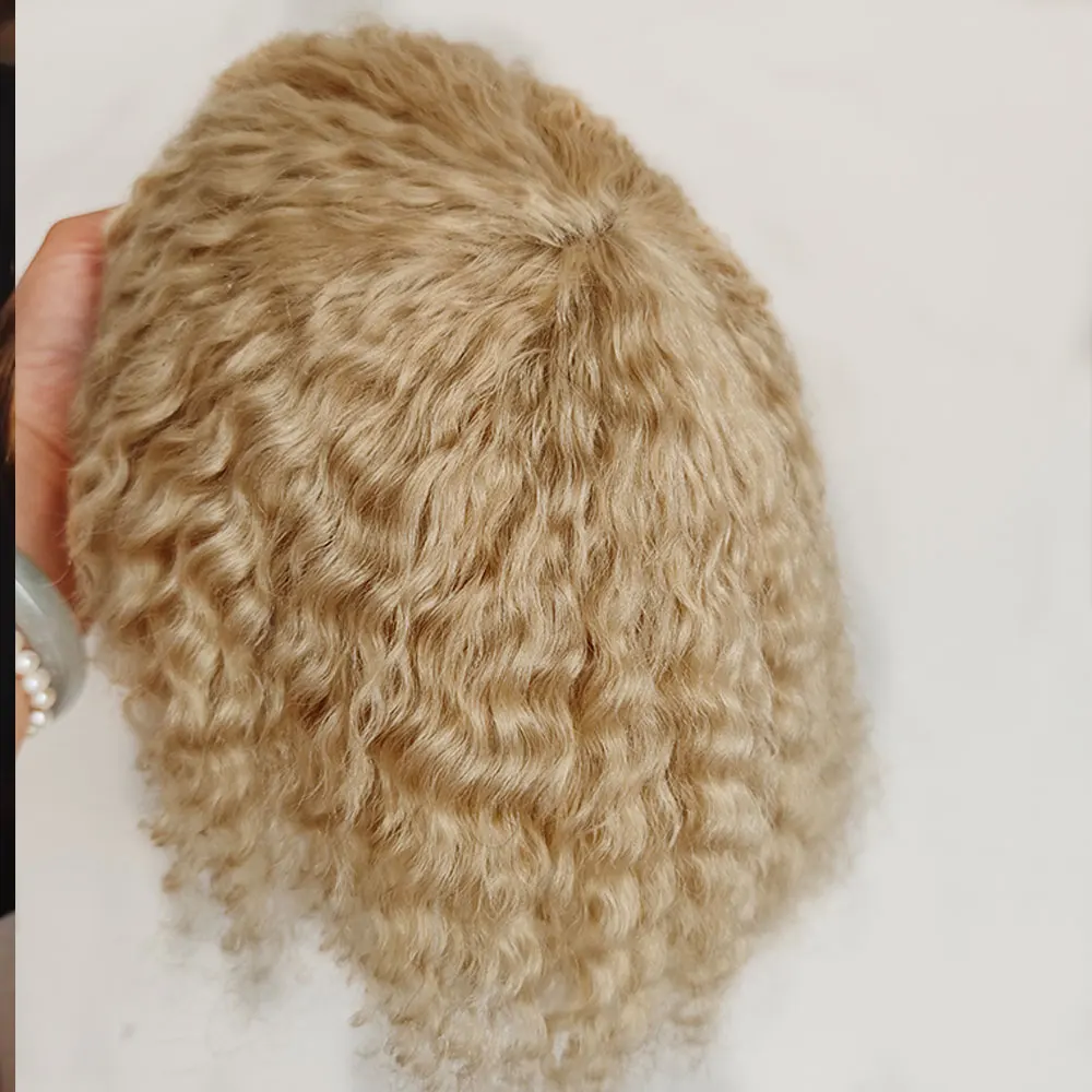 Blonde Afro Curly Human Hair Toupee for Men Full Lace 360 Wave Breathable Wig 8-10mm 360 Degree Natural Look Men's Capillary Pro