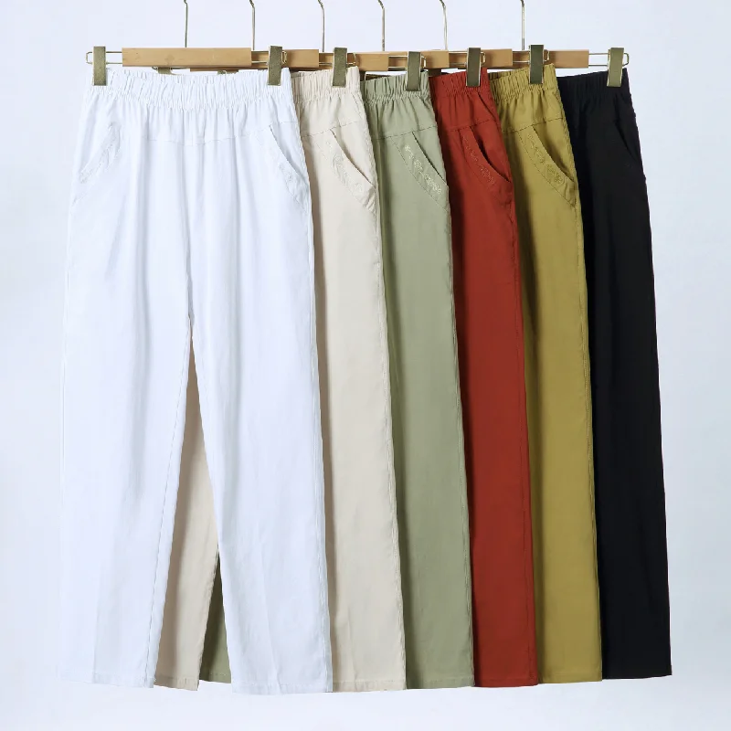 Sommer lässige gewaschene Baumwolle Damen Plus Size Hosen 2025, elastische Taille, Büro, lässige Outdoor-Hose, atmungsaktive coole Kleidung