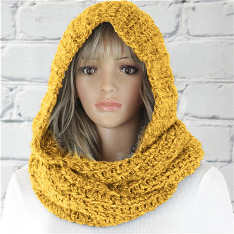 Women Winter Ski Scarves Crochet Knit Hood Infinity Scarf Outdoor Windproof Warm Long Shawl Wrap Earflap Hat Neck Warmer