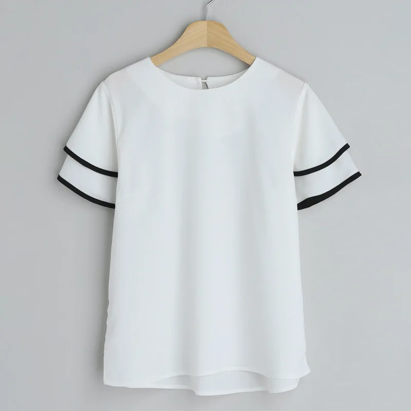 한국 스타일 신제품 3가지 색상 여름 이중 레이어 러플 소매 라운드 넥 쉬폰 블라우스 여성 우아한 루즈 탑 고품질