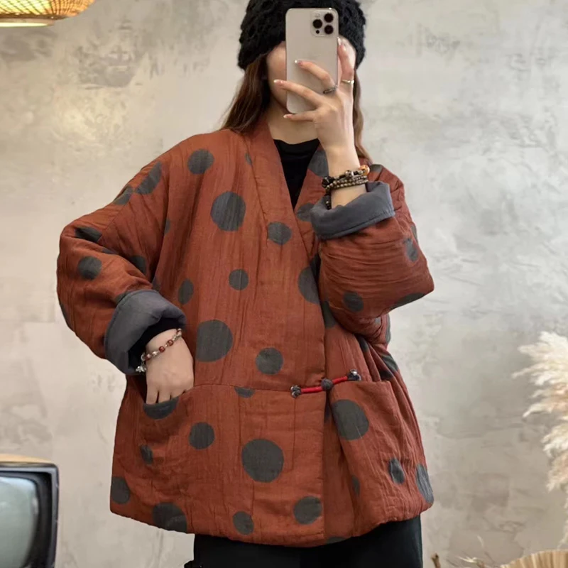 

Retro Cotton Jaet Women's ort V-ne-button Dot Pattern Cotton Padded Vest Spring Autumn Winter Faion Casual Wear