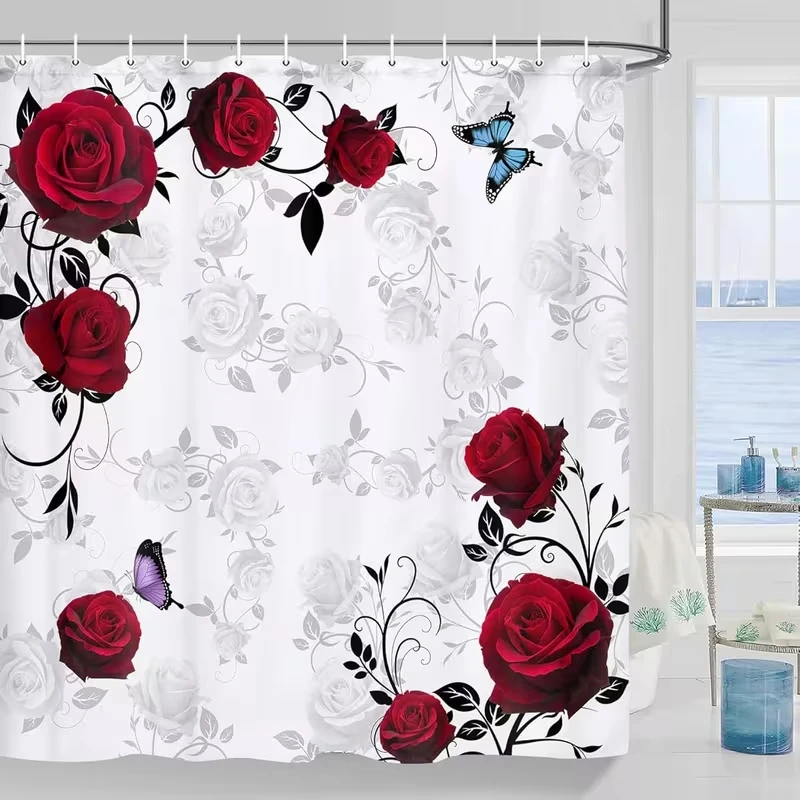 

VIKAMA Elegant Floral Shower Curtain - Vintage Red Roses and Butterflies Pattern, Machine-Washable Fabric Bathroom Decor