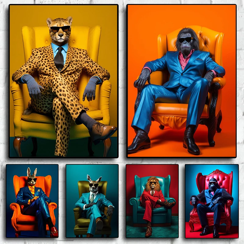 Lustige Elegante Tiere Cooler Gepard Gorilla Zebra mit Anzug Pop Wandkunst Poster Leinwanddruck für Wohnzimmer Heim-Dekoration