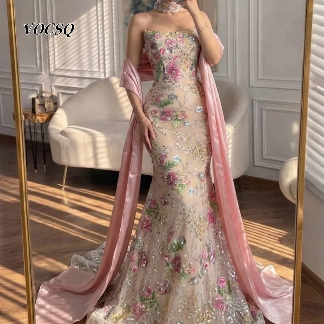 Abendkleid Dubai Luxus 3D-Blumen Kristall Meerjungfrau Maxikleid Transparenter Tüll Mit Langem Rosa Satin-Wickelrock Formelles Gala-Kleid Maßanfertigung