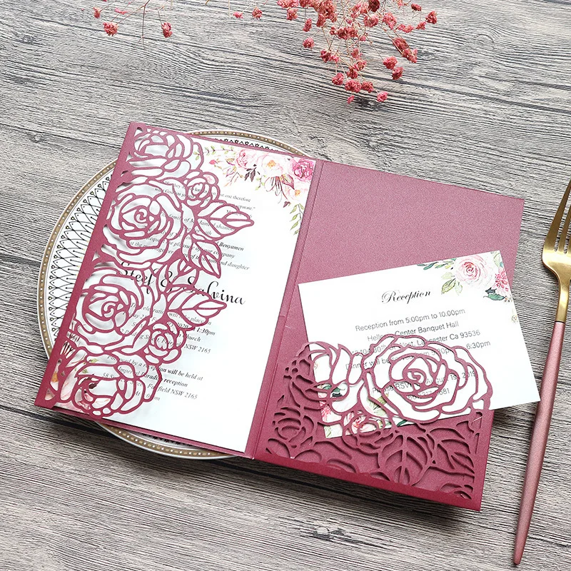 

50 Pieces Burgundy Rose Tri-fold Pocket Wedding Invitations Customized Print XV Birthday Shower Invite Thank You Card IC154