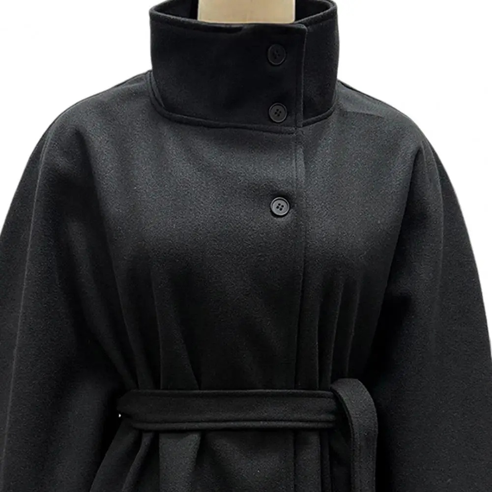 Women's Batwing Sleeve Wool Poncho Coat Stand Collar Cropped Cape Jacket with Belt Fall Winter Short Trench Pea Coat  트렌치 코트