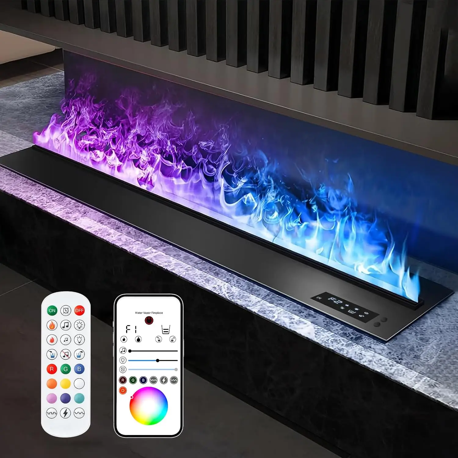 Water Vapor Fireplace Recessed with Dual Water System, 9-Color Adjustable Flame & APP Control,L70.87 x W7.87x H8.27 in