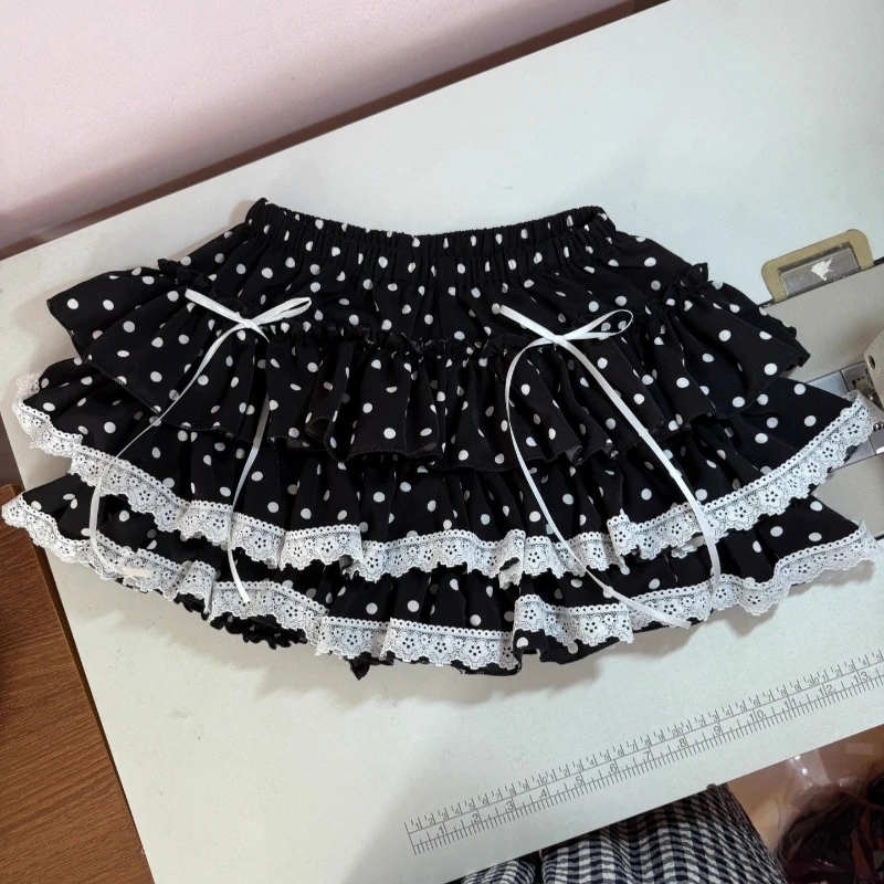 

Hepburn Vintage Sweet Black Polka Dot Short Skirt Women Japanese Kawaii Lace Patchwork Skirts Female Retro Chic Bow Outfits New