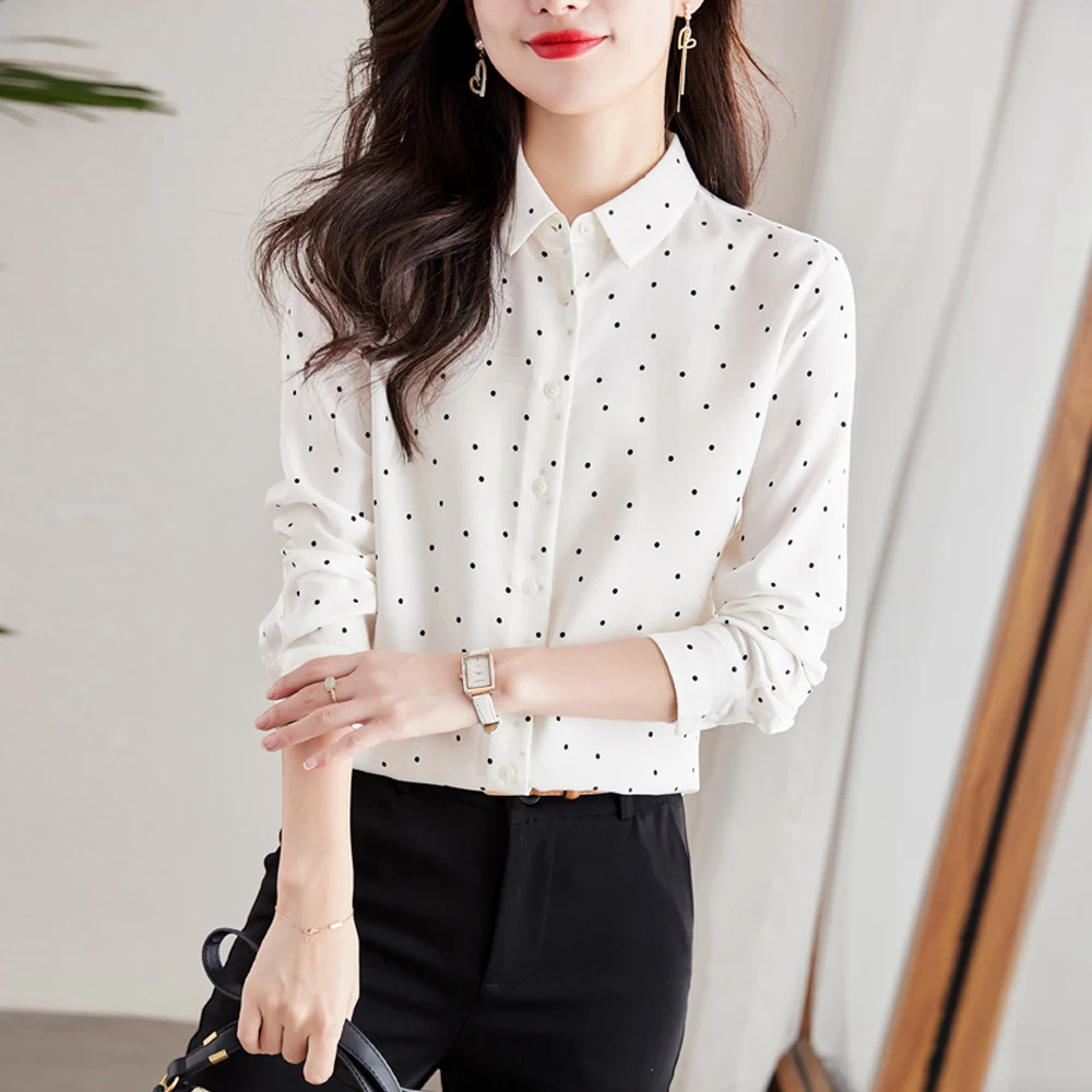 Casual Chiffon Women\'s Blouse Long Sleeve Turn-Down Collar Buttons Polka Dots Shirt Fashion Female Elegant Tops