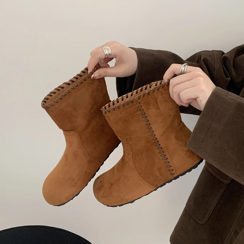 height increasing Shoes Woman casual narrow band Ankle Boot faux suede round toe modern Boots vintage slip on western Boots