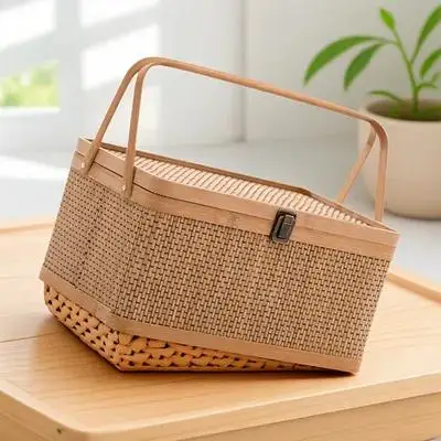 

1pc Woven Storage Baskets Bamboo Handle Kitchen Fruits Gardening Harvesting Gift Basket Household Outdoor Use