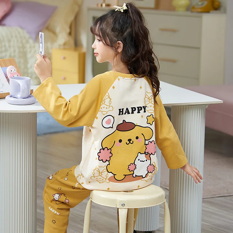 Sanrio-Pijama de algodón puro de Hello Kitty para niños, conjunto de ropa de estar por casa con dibujos animados de oso de fresa, novedad de otoño