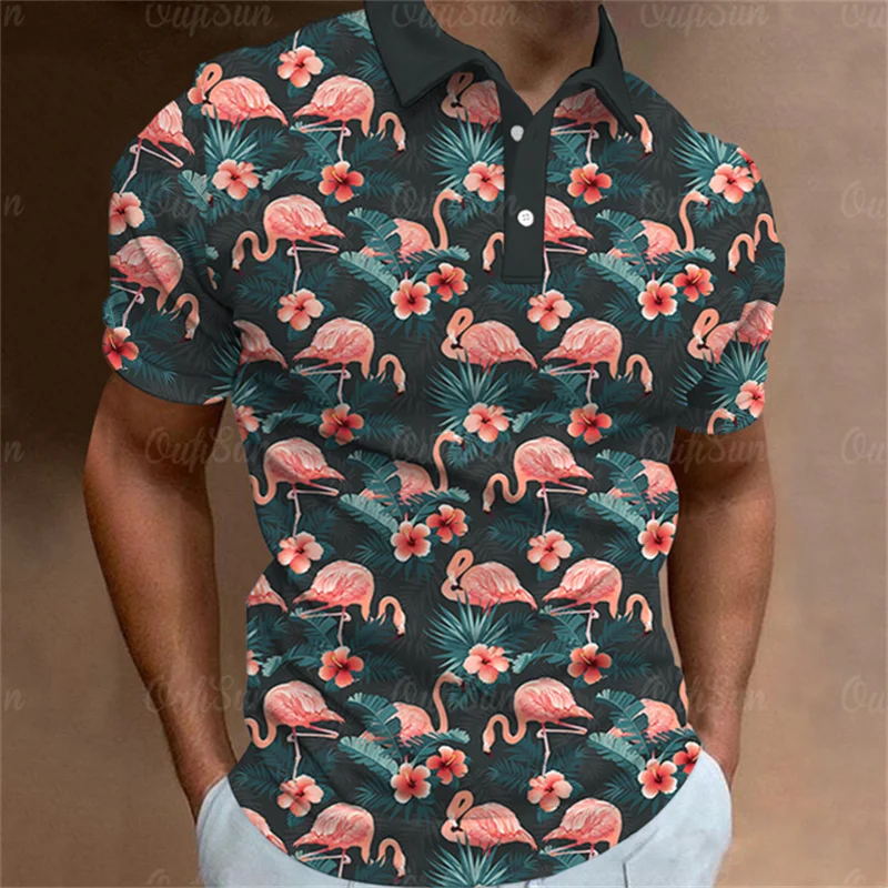 Flamingos Polo T-Shirts Cartoon Print Trending Shirt Summer Short-Sleeve Hawaiian Style Luxury Golf Wear men Overisized Clothing