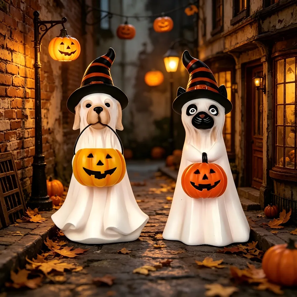 Halloween Figurines Ghost Decor Cute Spooky Resin Statue cat dog Gnomes Decorations For Home Outdoor Yard For Indoor Porch Decor