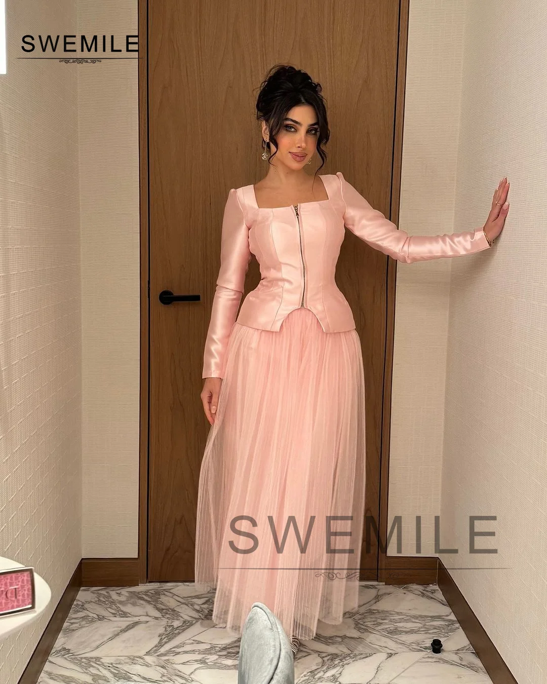 SWEMILE Pink A-Line Square Neckline Long Sleeves Tulle Zipper Up Dresses For Prom Cocktail Dresses Elegant And Pretty Women\'S