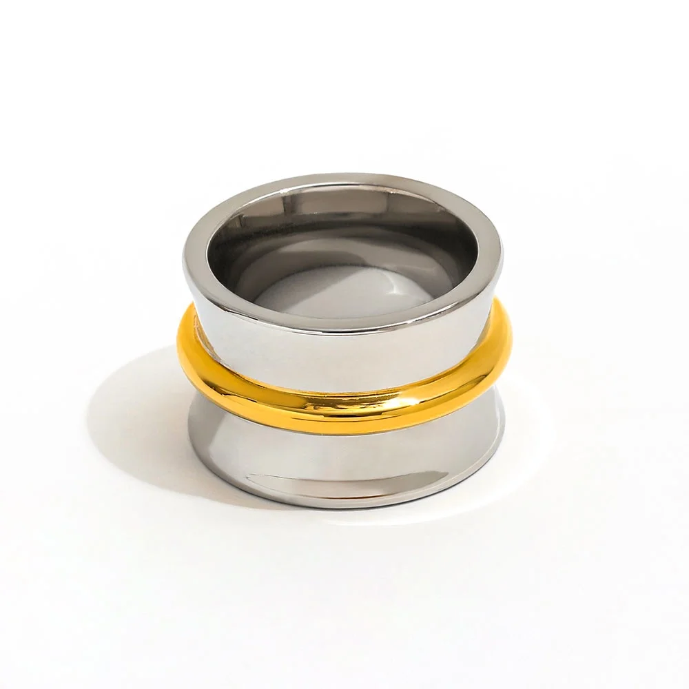

Joolim Jewelry Wholesale High End PVD No Fade Fashion Wide Chunky Statement Two-tone Band Stainless Steel Ring Trend For Women