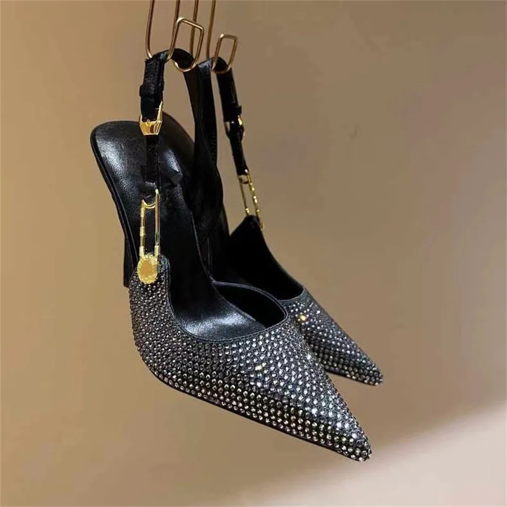 Women\'s Black Pink Glitter Heels Crystal Pointed toe Stilito heels Women Pumps Fashion High heels Casual Elegant Slingback Shoes