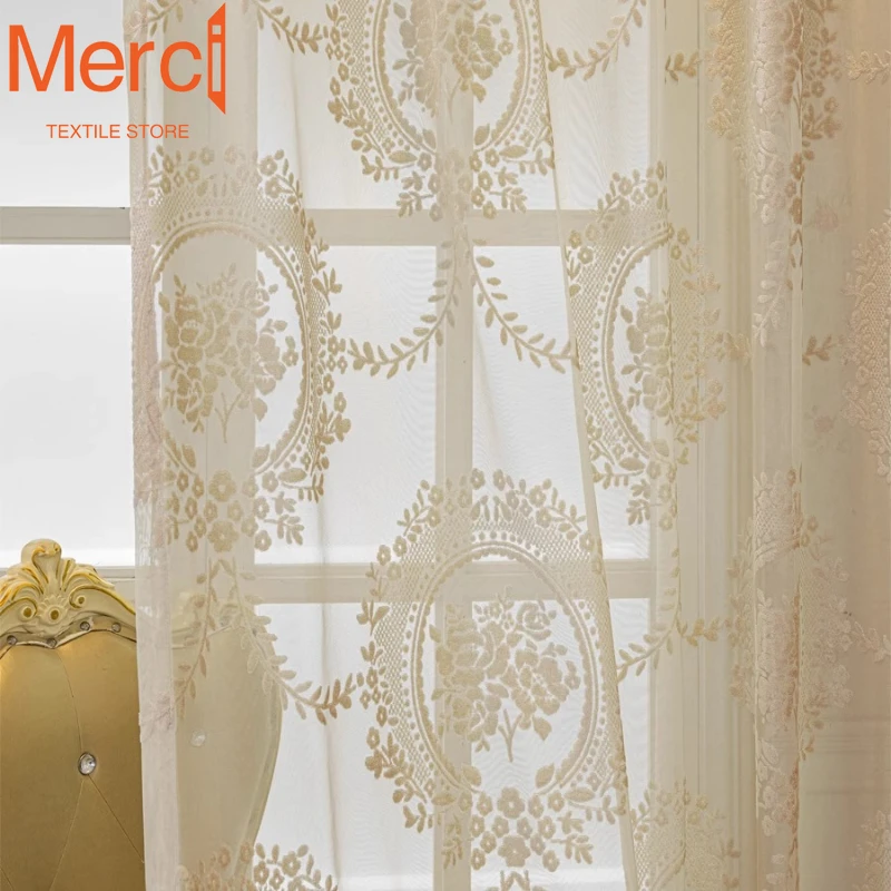 Mirror Flower Edge European Sheer Curtains Customized Gauze Curtains for Living Room Bedroom Embroidered White Tulle Customized