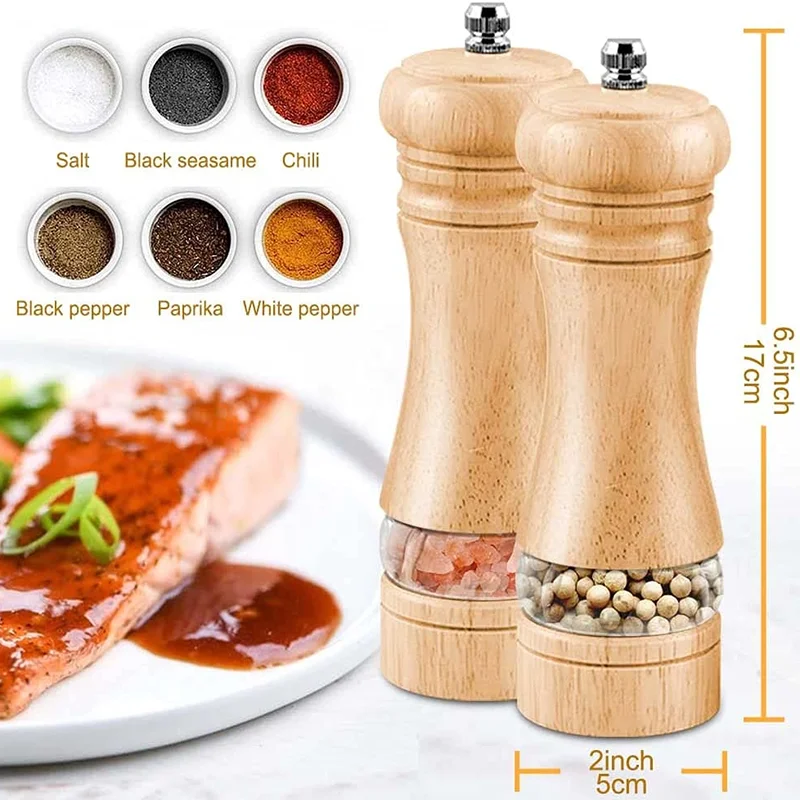 6 Inch Salt and Pepper Grinder Solid Wood Spice Mill With Base Manual Grinder Adjustable Ceramic Grinder Kitchen Cooking Tools