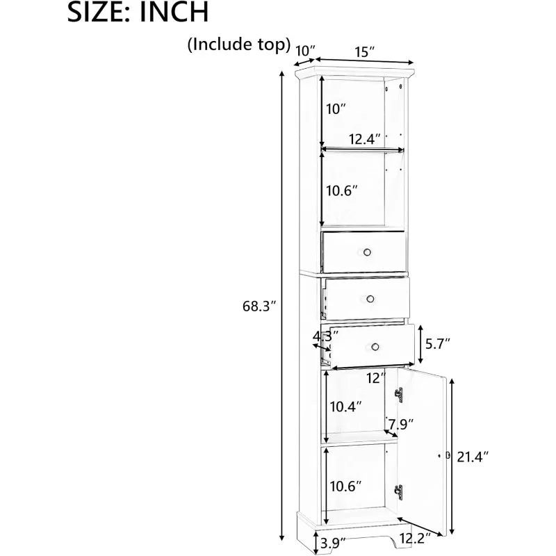 Tall Storage Cabinet with 3 Drawers and Door, Slim Linen Tower Bathroom Organizer, Adjustable Shelves,