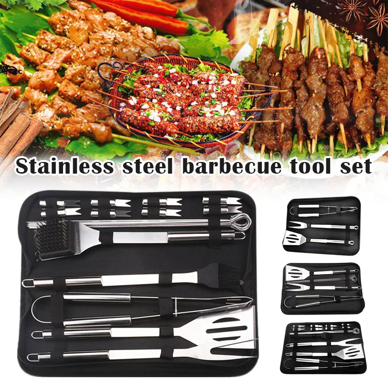 Stainless Steel BBQ Tools Set Spatula Fork Knife Brush Skewers Barbecue Grilling Accessories Camping Outdoor Cooking Utensil