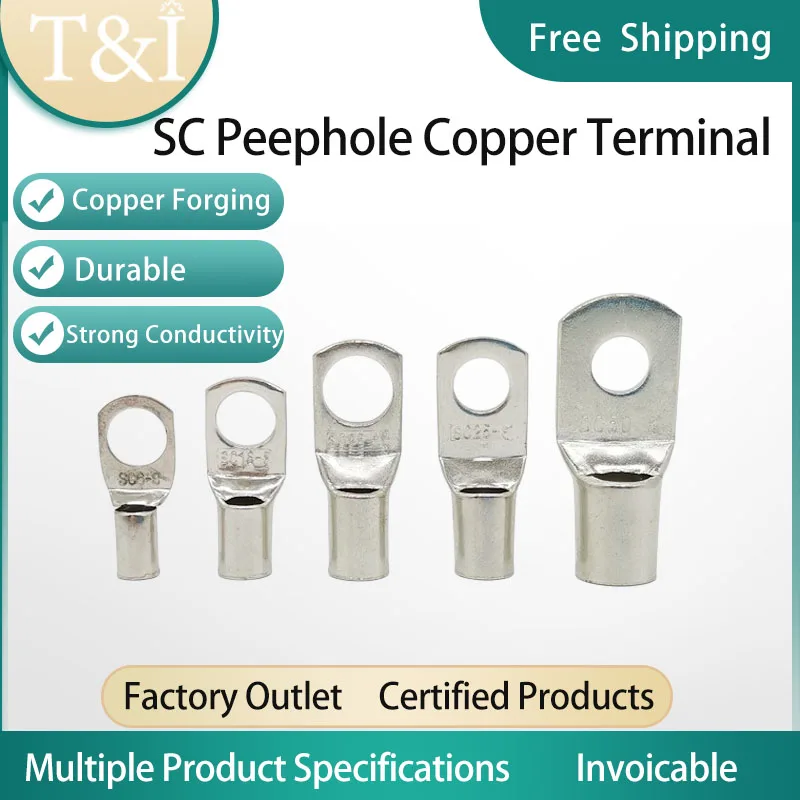 

100PCS SC Series R Type Round O Type Bare Copper Lug Insulated Bare Terminal SC-6/10/16/25 Connector Cold Pressed Terminal