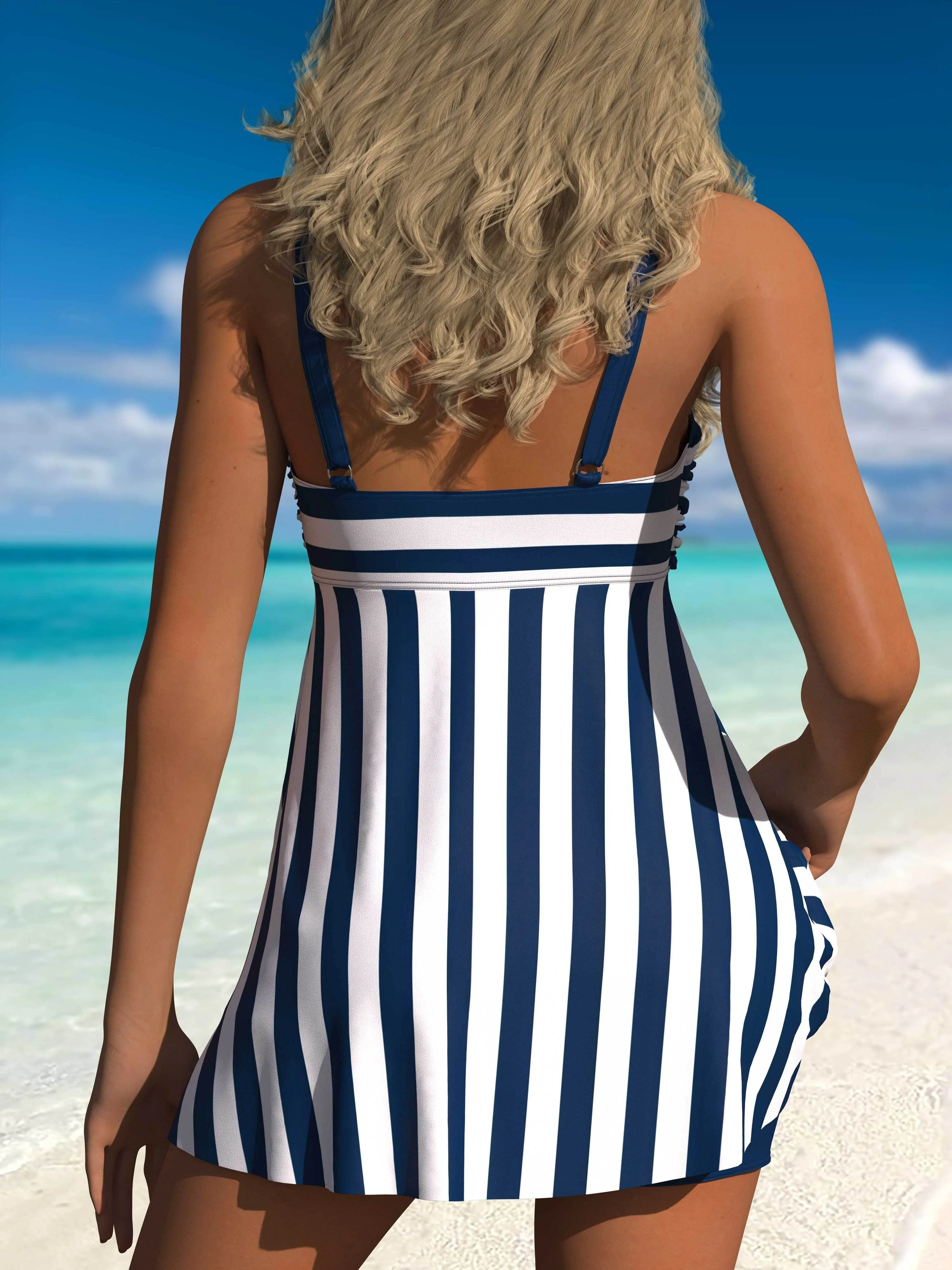Striped Print 2 Piece Set Tankini, Ruched Skirted Boxer Short Bottom Swimsuits, Women's Swimwear & Clothing