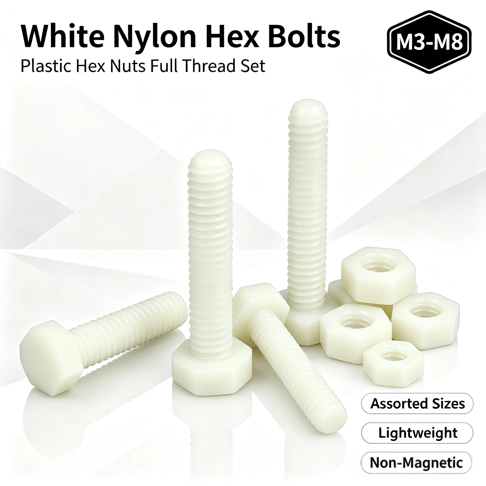 10-50 Set White Nylon External Hex Head Screws Plastic Hexagon Bolts Nuts M3 M4 M5 M6 M8 for Heat/ Electricity Insulation