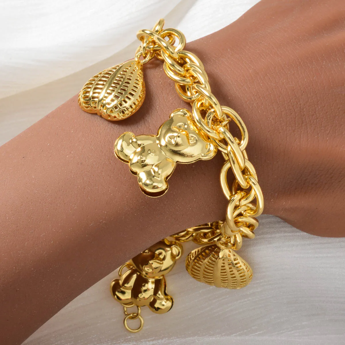 Cute Bear Heart Lock Matching Bracelets Set for Girls Teens Gold Plated Adjustable Bangle Best Friend Gift for Party