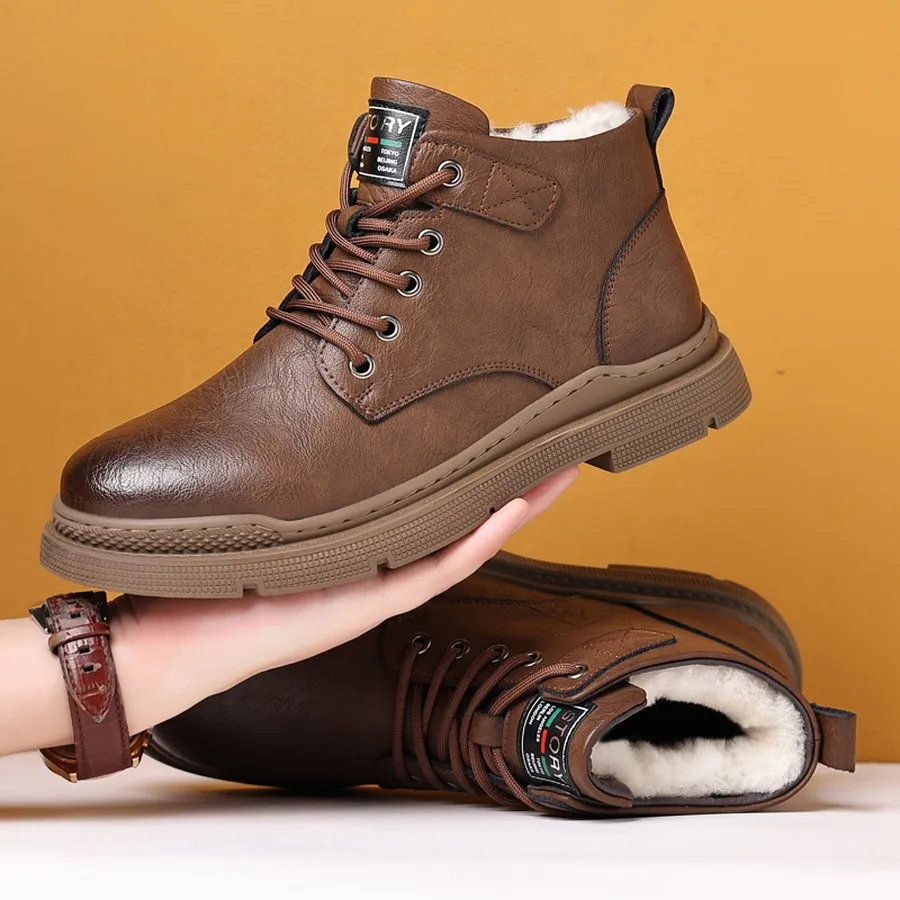 Men's Winter Fleece-Lined Ankle Boots, Lace-Up High-Top, Round Toe, Casual Daily Outdoor Wear