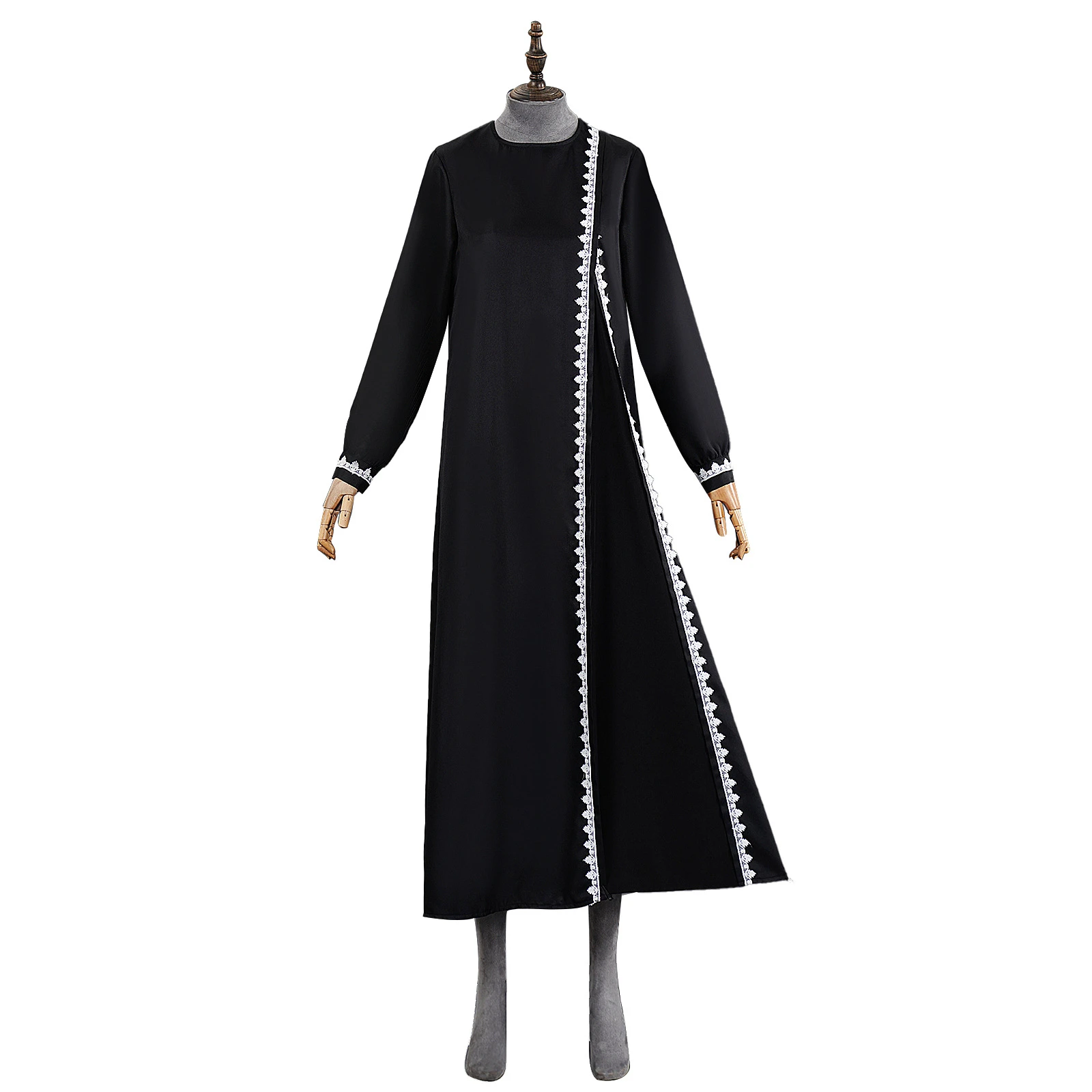

Women Medieval Muslim Robe Long Sleeved Embroidered Lace Dress Turkish Abaya Fashionable Round Neck Black Dress