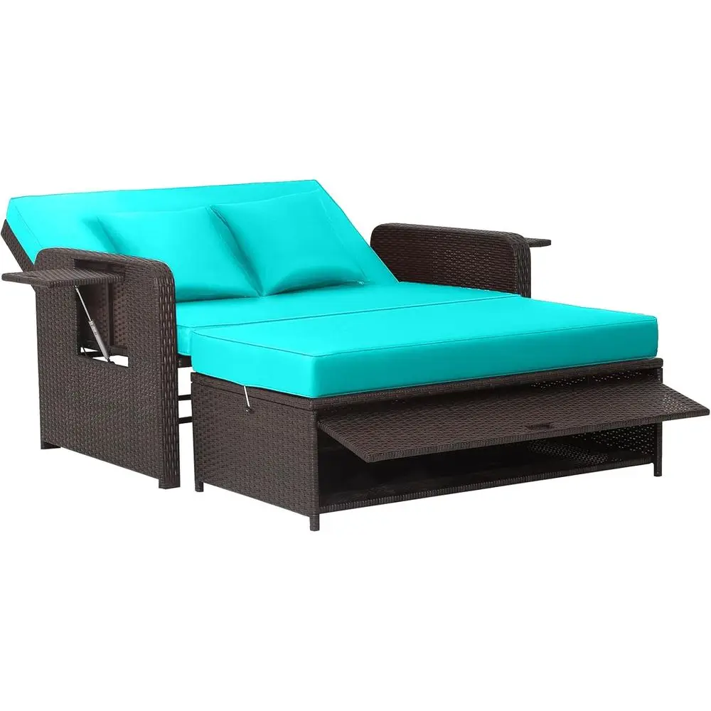 Outdoor Rattan Daybed with Cushions, Storage Ottoman, Adjustable Backrest, Ideal for Balcony, Garden, Pool in Turquoise