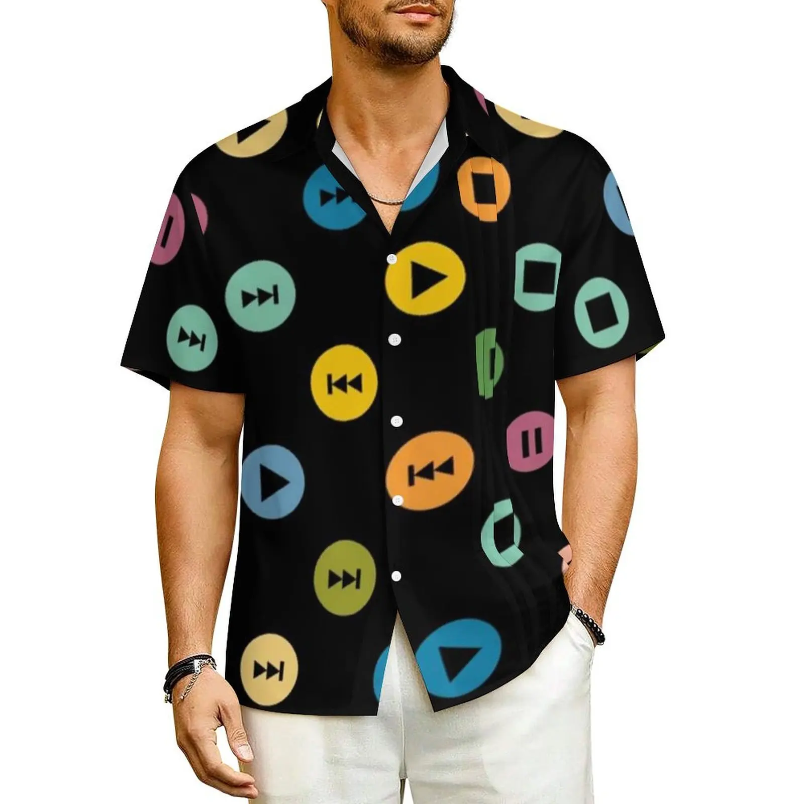 

Music Player Icons Beach Shirt Polka Dots Print Hawaii Casual Shirts Male Classic Blouses Short Sleeve Streetwear Clothing