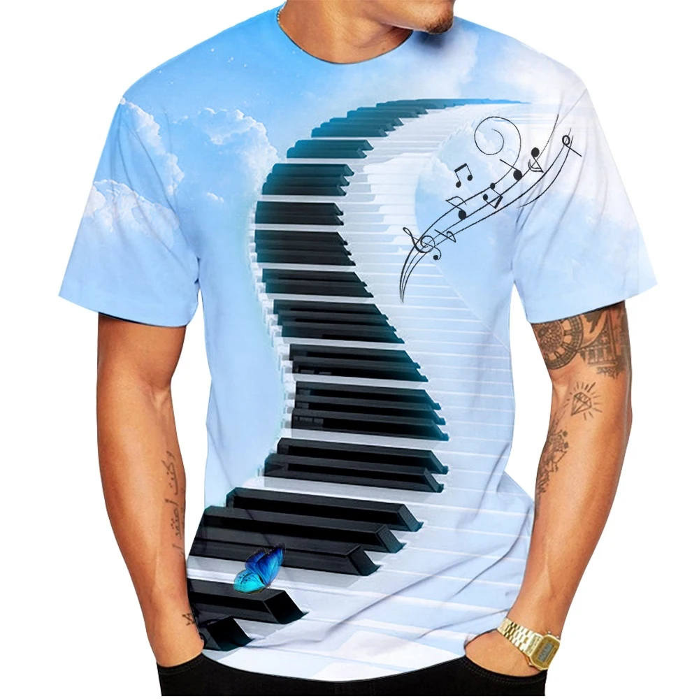 Fashion Golden Treble Clef Music Note Print T-Shirt, Men/Women Casual Summer Short Sleeve Tops, Music Lover Streetwear Tee