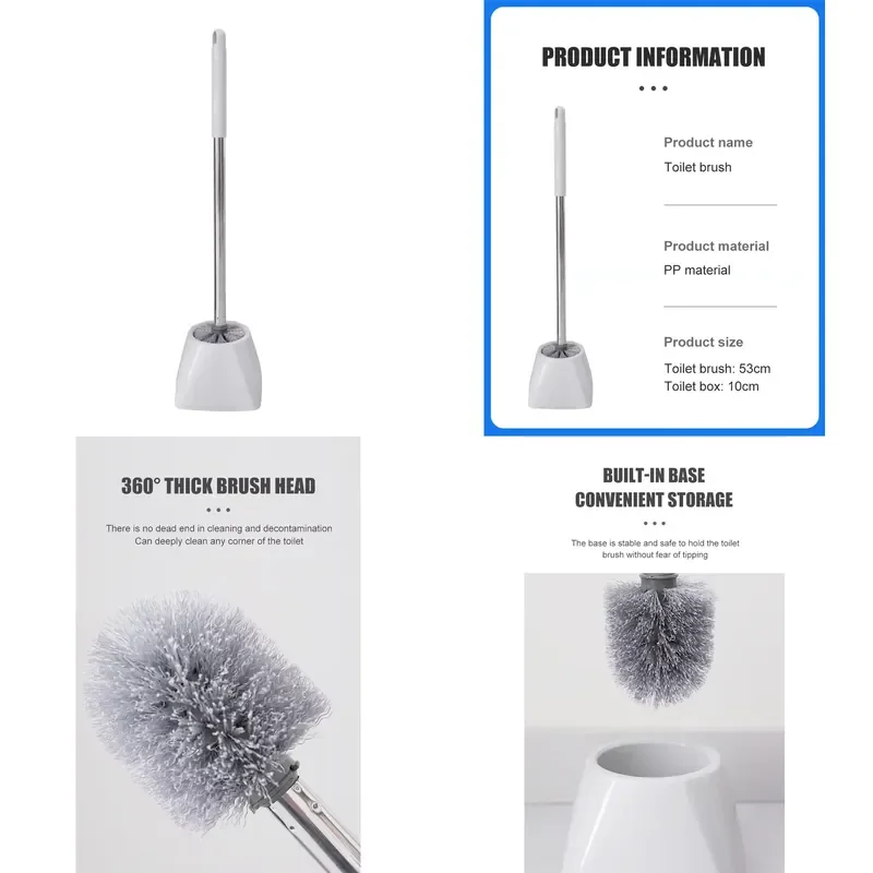 for Professional Stainless Steel Handle Toilet Brush and Holder Set 360 Degree Thick Brush Head Long Handle Household