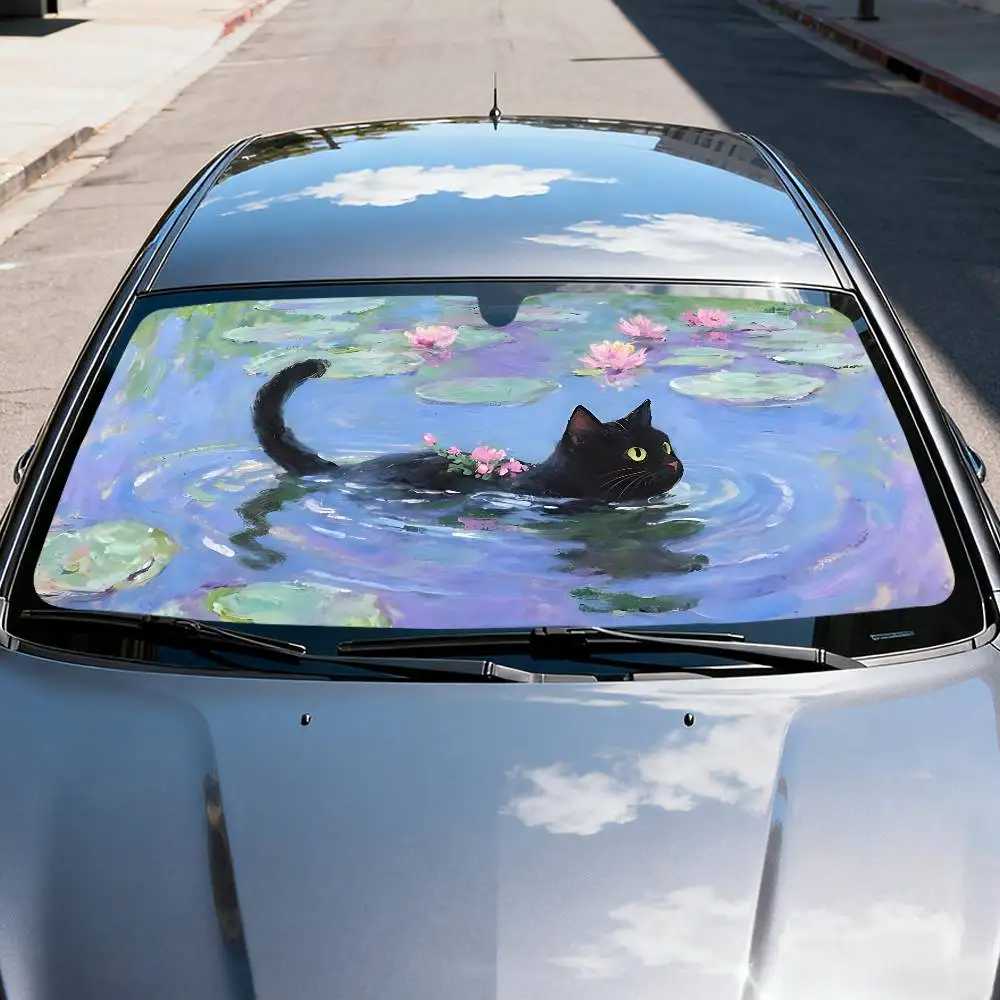 Cartoon Cat In Lotus Leaf Car Sunshade Curtains Windscreen Front Window 70x130cm Sun Visor Solar Protect Plaid Gift Novelty Car
