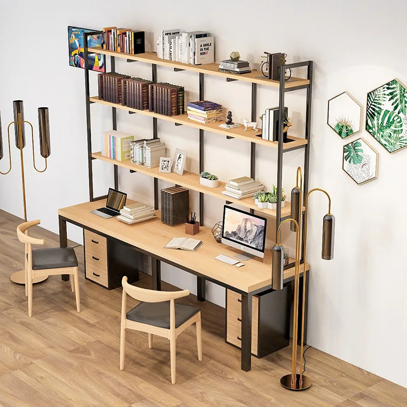 Wrought iron solid wood bookshelf combination integrated table household computer American writing desk nail-free wall shelf
