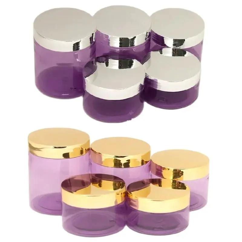 

22Pcs PET Cream Bottles Csometics Purple Containers Shiny Gold Lid Purple Cream Pot Facial Mask Jars 100g 120g 150g 200g 250G