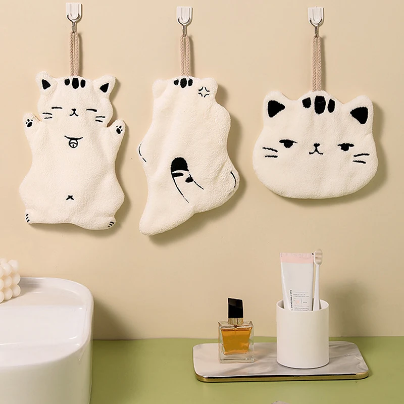 Bathroom Kitchen Hanging Absorbent Cute Cat Towel Non-shedding White Velvet Small Towel Hand Wiping Hand Towel