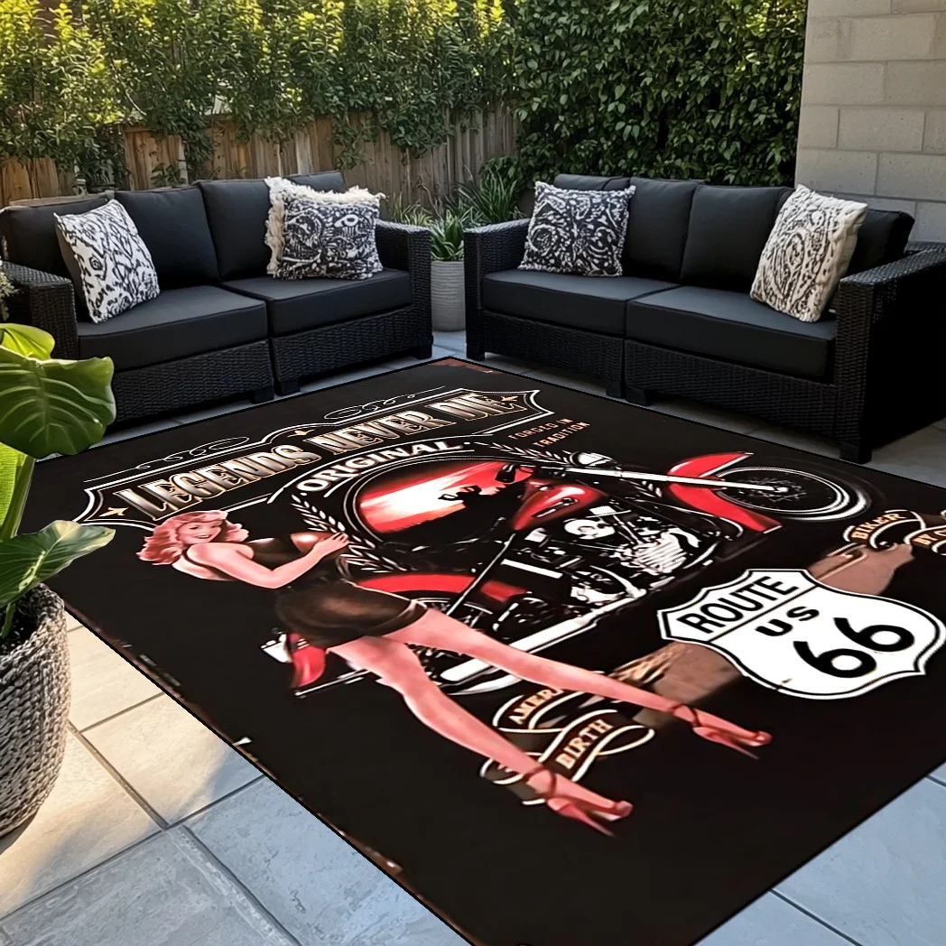 Route 66 Vintage Motorcycle Print Rug, Polyester Christmas Decor Mat for Farmhouse Living Room Kitchen Porch