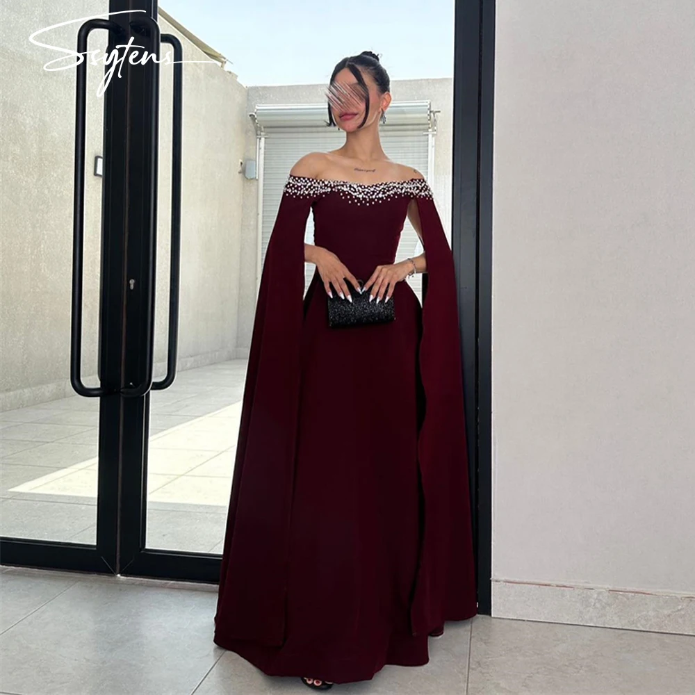 Maroon Satin A Line Evening Prom Dresses Flare Long Sleeve Crystal Beaded Boat Neck Arabic Dubai Prom Party Dress Robe De Soirée