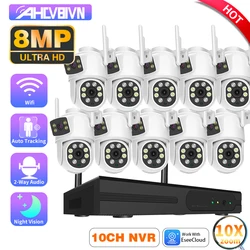 8MP WiFi Dual Lens Dual Screen Wireless IP Cameras 10CH WiFi NVR Security System Two Way Audio Outdoor Video Surveillance Set