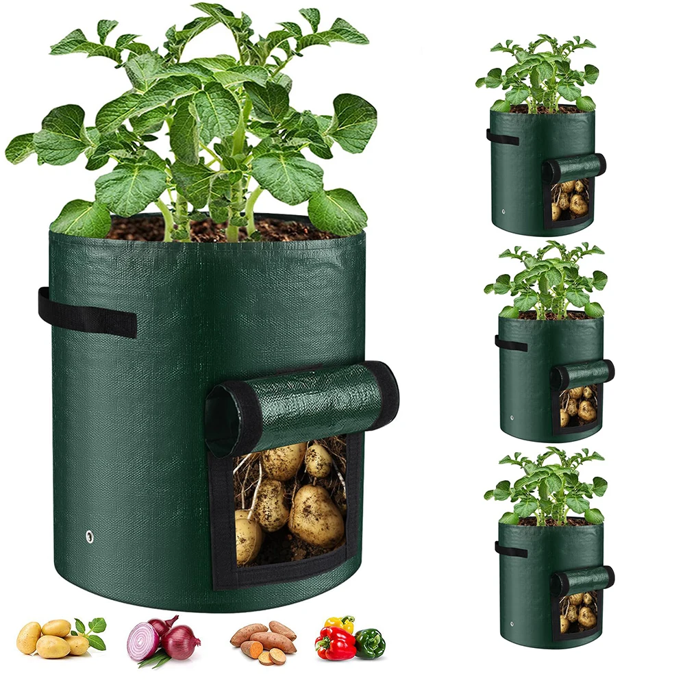 Bolsas para cultivo de plantas, macetas de tela PE de alta resistencia con solapa y asas, bolsa para macetero verde para patatas, verduras, jardín al aire libre