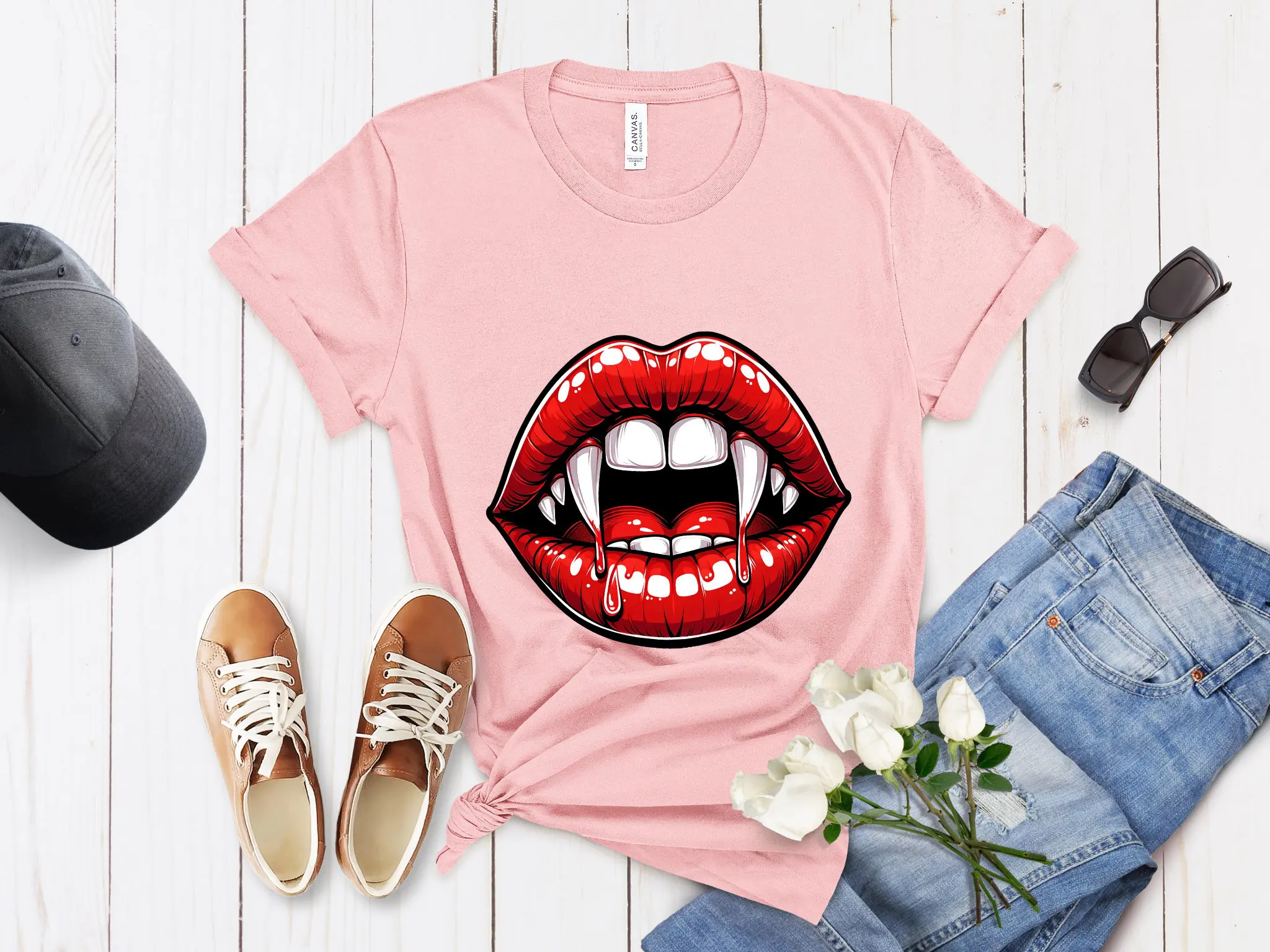 Vampire T Shirtth Shirt Red Lips Open Mouth Gothic Top Fantasy Inspired Trendy Fangs Bold All Sizes