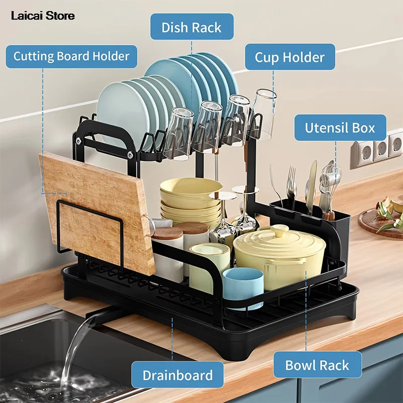 

1PCS New 360° rotating storage rack double-layer kitchen tableware drying rack with drain tableware storage rack for tableware