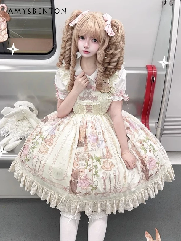 

Rabbit Fairy Tale JSK Lolita Dress Sweet Cute Floral Print Ruffle Sleeveless Mini Dress Women Elegant Princess Evening Dresses