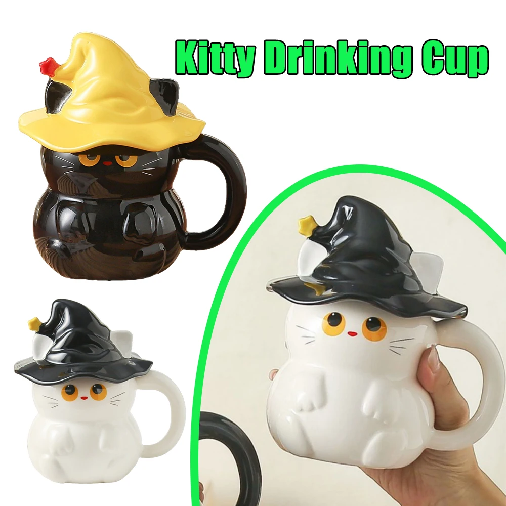 Cartoon Magic Kitty Trinkbecher, niedlich, kreativ, schwarz, weiß, magische Katze, Keramik, personalisierbar, Reisebecher, Deckel, Kaffeetasse