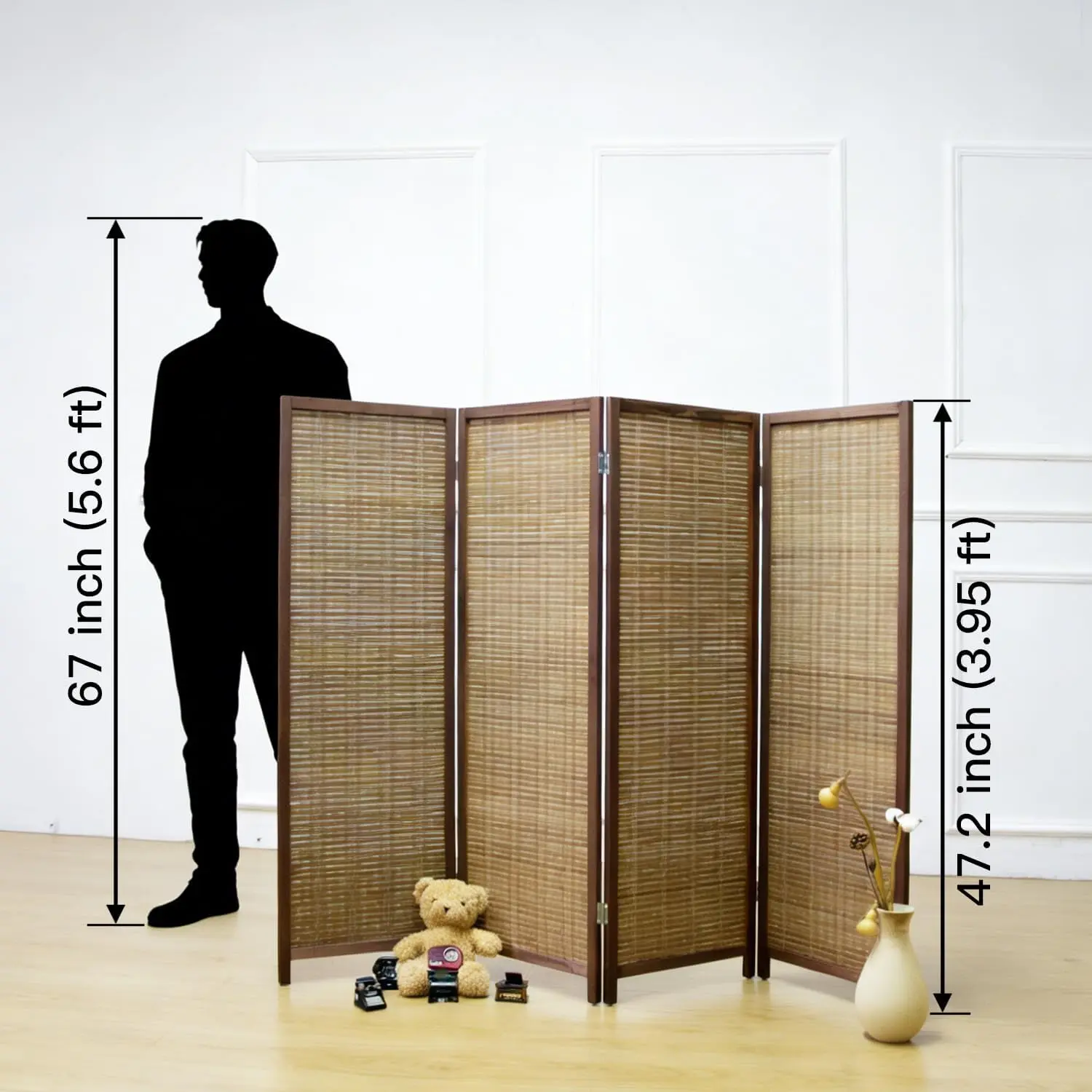 Furnnylane 4 Panel Short Room Divider Screen,Brown Freestanding Partition,Small Bamboo Panel Divider for Room Seperation,3.95 FT