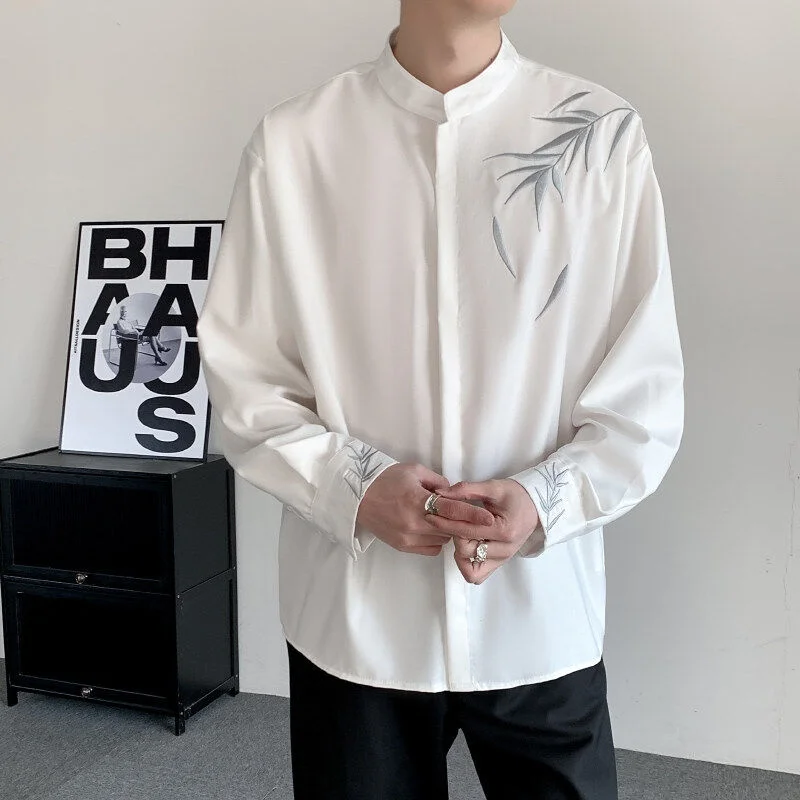 

New Chinese Sle Bamboo Le Embroidered irt Men's Stand Collar Casual Long Sve Polyester Fiber Spring Autumn Wear