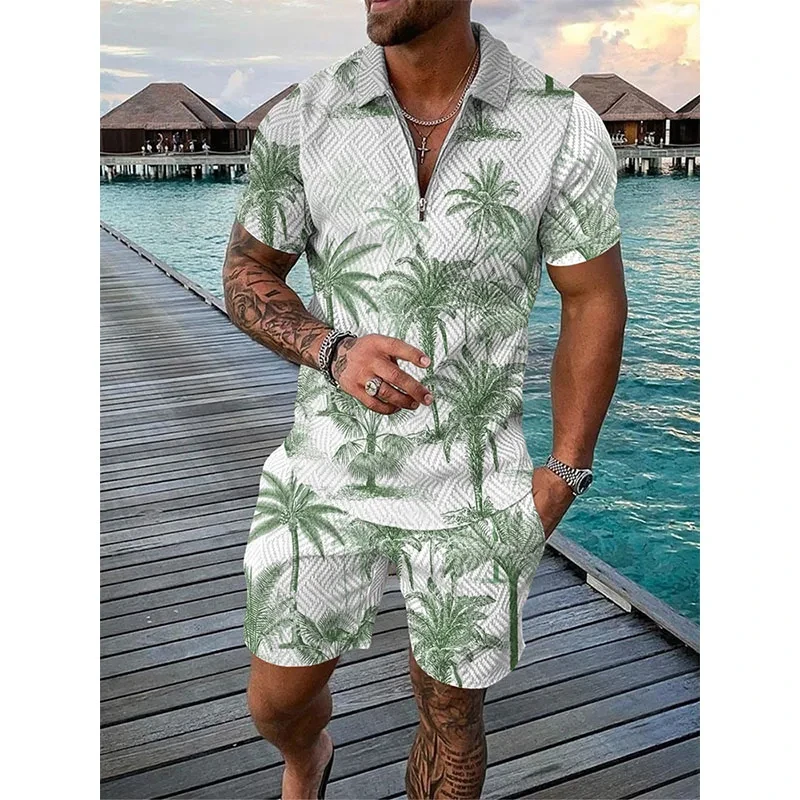 Hawaii Men Tracksuit 3D Print Beach Polo Shirts Shorts Sets 2 Pieces Man\'s Oversized Short Shirt Pants Set Suits Men Clothing